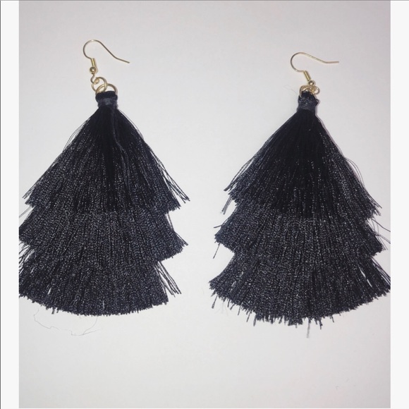 Jewelry - Black Tassel Earrings Tiered Thread Dangled